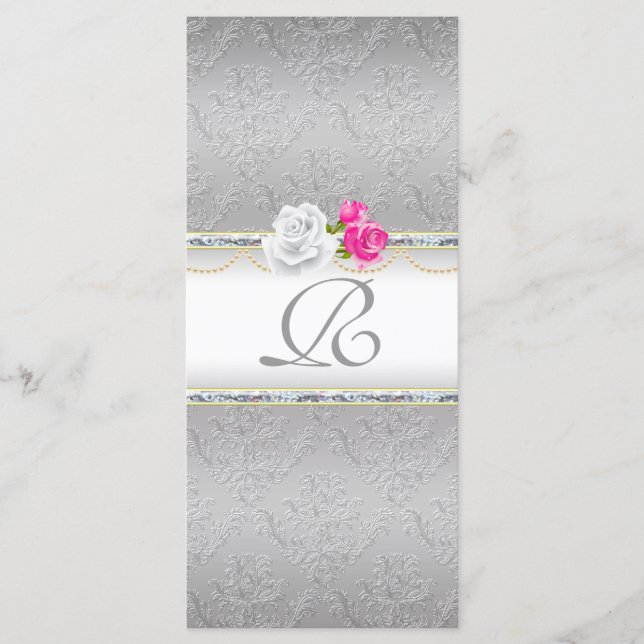 Elegant Silver Damask and Pink Rose Monogram Program (Front)