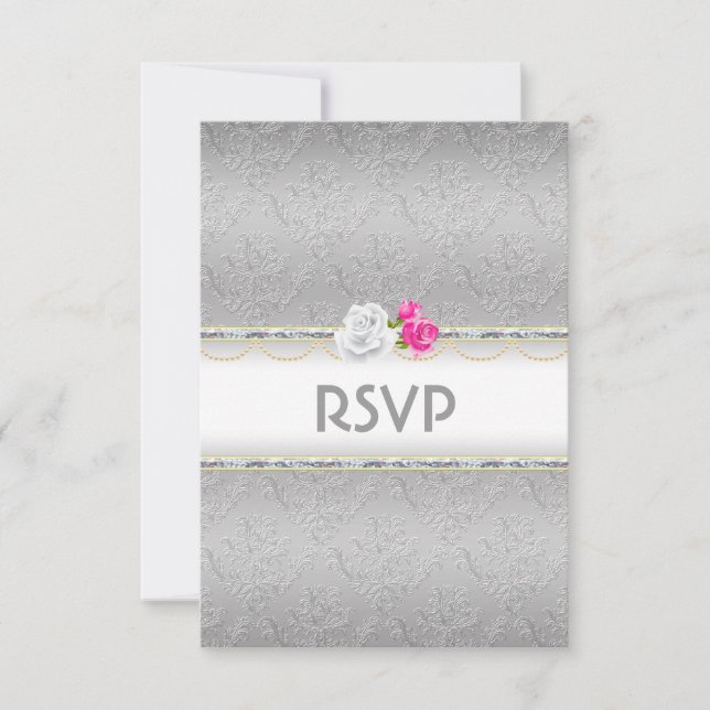 Elegant Silver Damask and Pink Rose RSVP (Front)