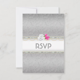 Elegant Silver Damask and Pink Rose RSVP Card