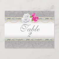Elegant Silver Damask and Pink Rose  Table Number