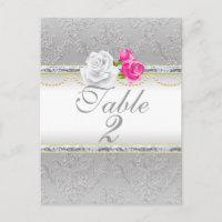 Elegant Silver Damask and Pink Rose Table Number