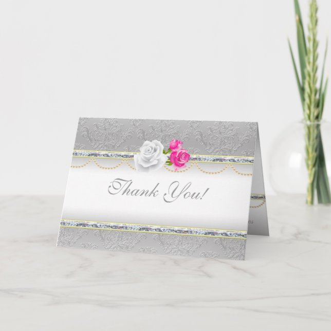 Elegant Silver Damask and Pink Rose Thank You Card (Front)