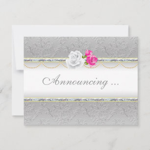 Elegant Silver Damask and Pink Rose  Wedding Invitation