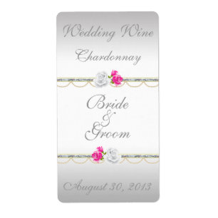 Elegant Silver Damask and Pink Wedding Wine Label