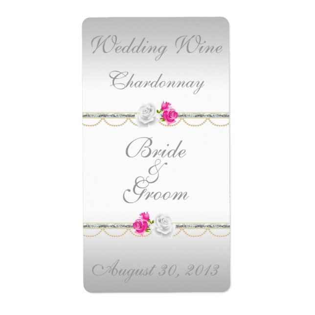 Elegant Silver Damask and Pink  Wedding Wine Label (Front)