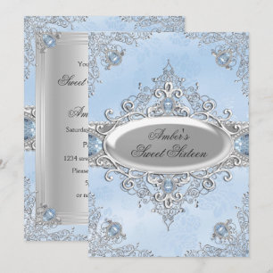 Elegant Silver Damask & Blue Jewel Sweet Sixteen Invitation