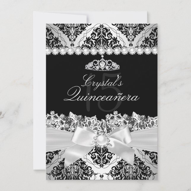 Elegant Silver Damask & Bow Quinceanera Invite (Front)