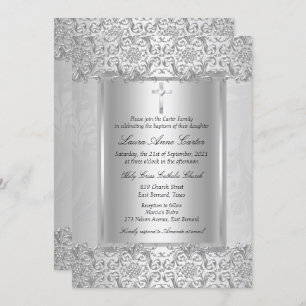 Elegant Silver Damask Cross Baptism/Christening Invitation
