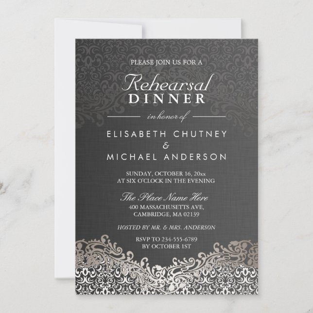Elegant Silver Damask Formal Rehearsal Dinner Invitation (Front)