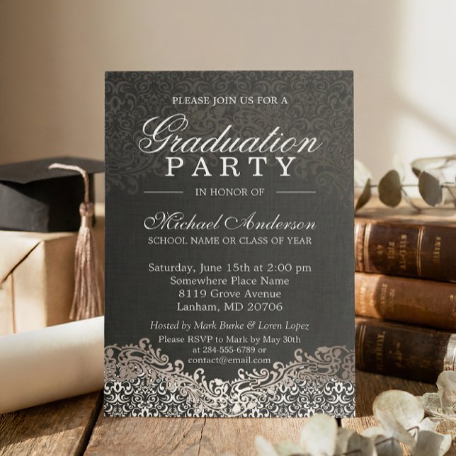Elegant Silver Damask Grad Graduation Party Invitation (Creator Uploaded)