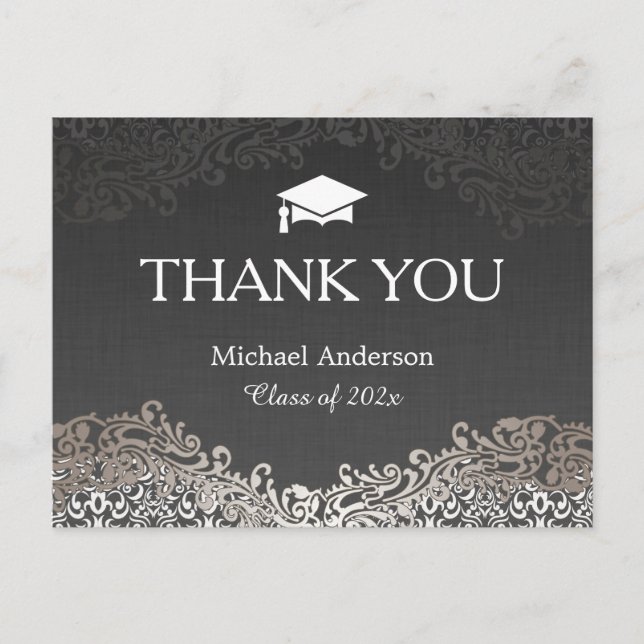 Elegant Silver Damask Graduation Thank You Postcard (Front)