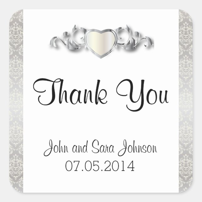 Elegant Silver Damask Style Wedding 2 Square Sticker (Front)