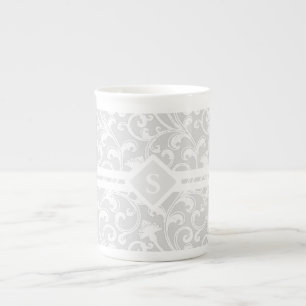 Elegant Silver Damask Swirl Monogram Bone China Mug