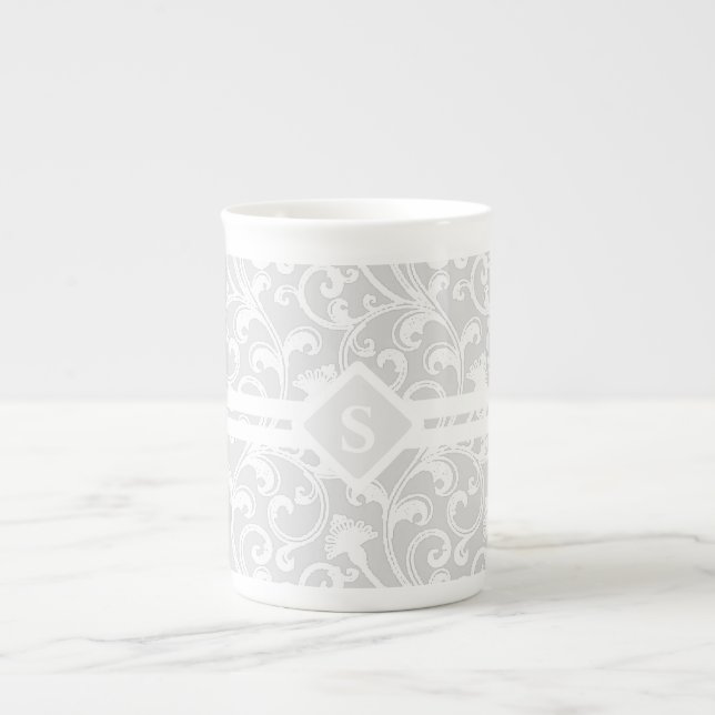 Elegant Silver Damask Swirl Monogram Bone China Mug (Front)