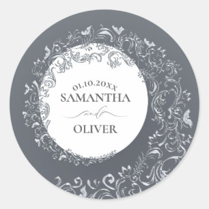 Elegant Silver Damask Wedding Classic Round Sticker