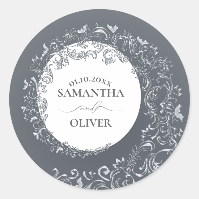 Elegant Silver Damask Wedding Classic Round Sticker (Front)