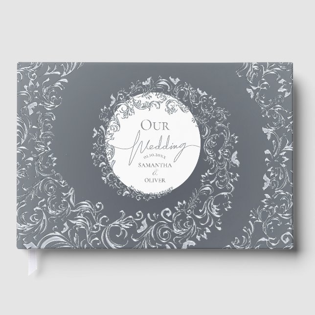 Elegant Silver Damask Wedding Guest Book (Front)