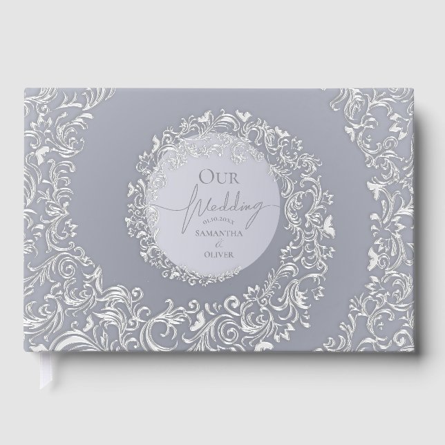 Elegant Silver Damask Wedding Guest Book (Front)