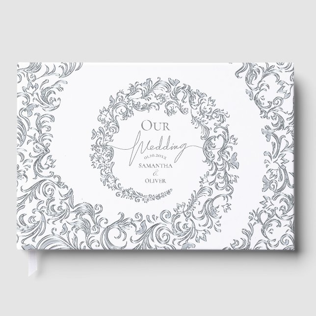Elegant Silver Damask Wedding Guest Book (Front)