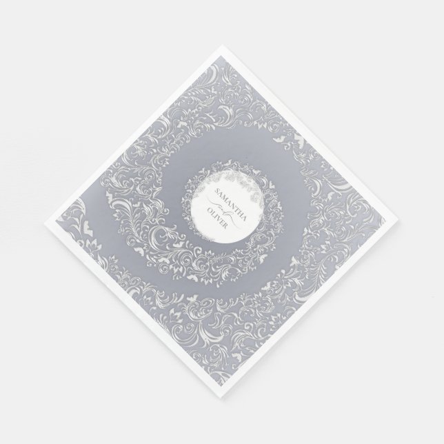 Elegant Silver Damask Wedding Napkin (Corner)
