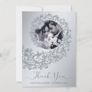 Elegant Silver Damask Wedding Thank You Card with 