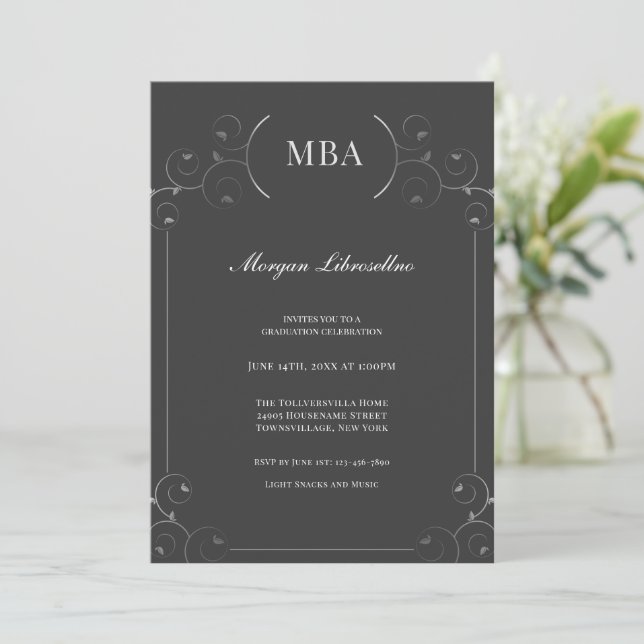 Elegant Silver Dark Grey MBA Graduation Party Invitation (Standing Front)