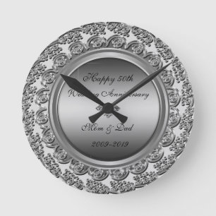 Elegant Silver Diamond 50th Wedding Anniversary Round Clock
