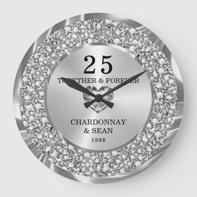 Elegant Silver Diamonds 25th Anniversary Large  Clock (Front)