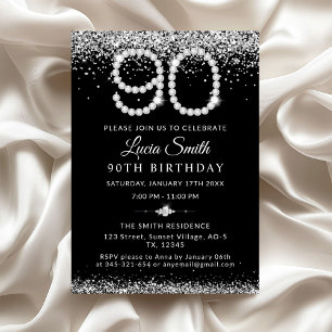 Elegant Silver Diamonds 90th Birthday Party Invitation