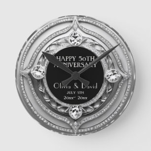 Elegant Silver Diamonds Wedding Anniversary  Round Clock