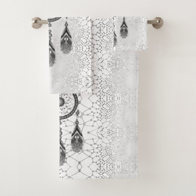 Elegant Silver Dreamcatcher Abstract Bath Towel Set (Insitu)