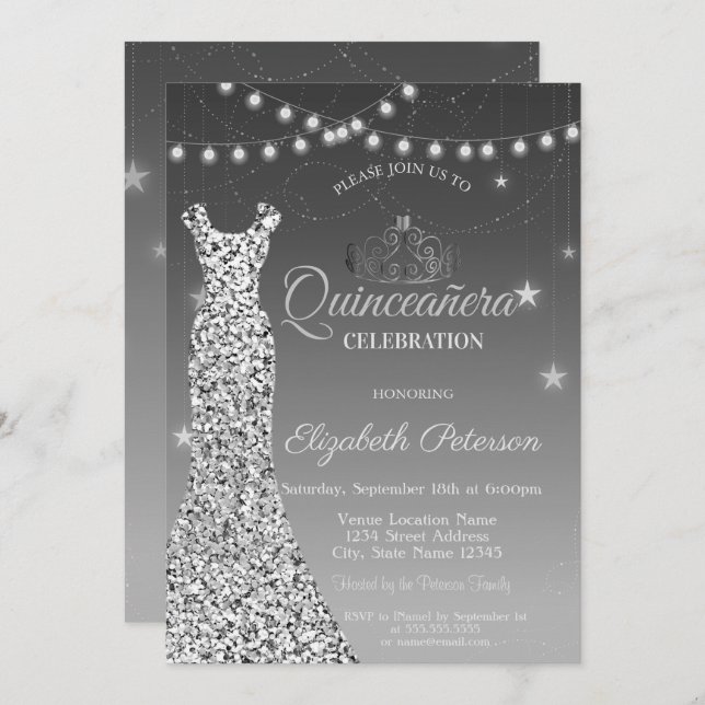 Elegant Silver Dress, String Lights Quinceañera Invitation (Front/Back)