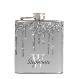 Elegant Silver Dripping Faux Glitter Monogram Hip Flask
