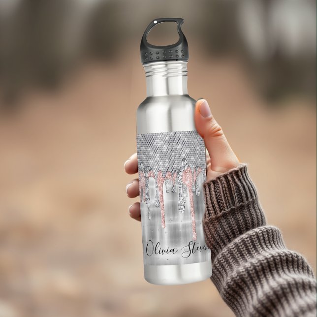 Elegant silver dripping glitter monogram 710 ml water bottle (Creator Uploaded)