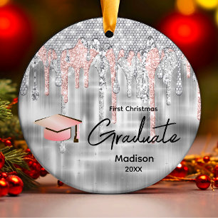 Elegant silver dripping glitter monogram graduate ceramic ornament