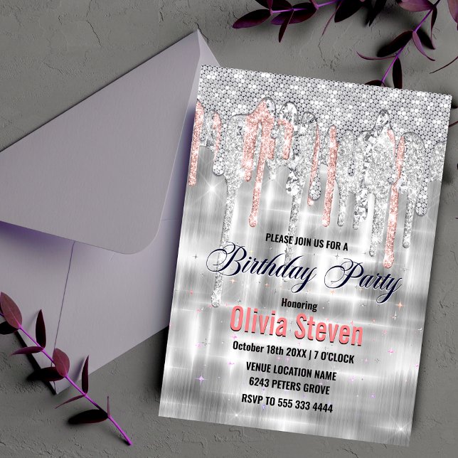 Elegant silver dripping glitter monogram invitation (Creator Uploaded)