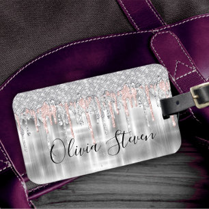 Elegant silver dripping glitter monogram luggage t tag