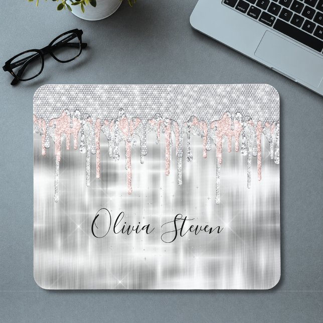 Elegant silver dripping glitter monogram mouse pad (Creator Uploaded)