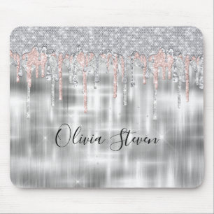 Elegant silver dripping glitter monogram mouse pad