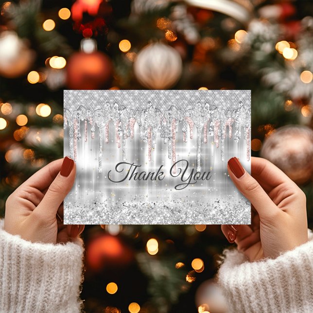 Elegant silver dripping glitter monogram thank you card (Creator Uploaded)