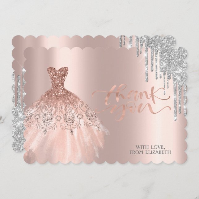 Elegant Silver Drips Dress Rose Gold Thank You Card (Front/Back)