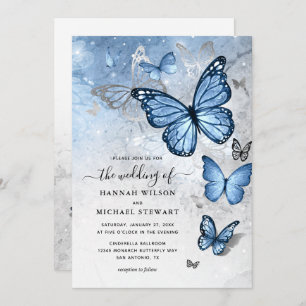Elegant Silver Dusty Blue Butterfly Wedding Invitation