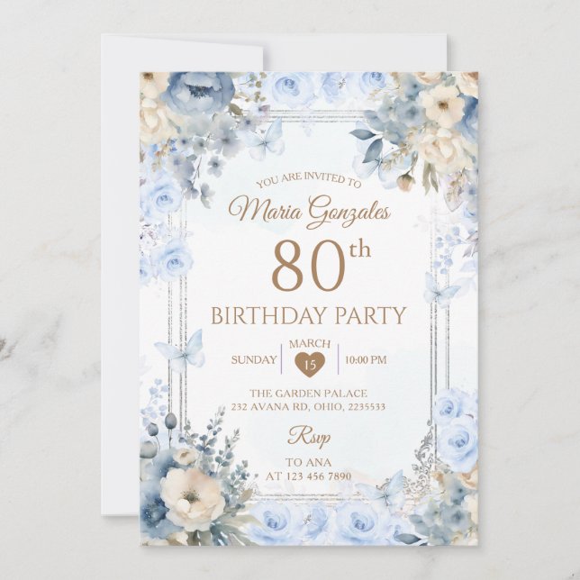 Elegant Silver & Dusty Blue Roses 80th Birthday Invitation (Front)