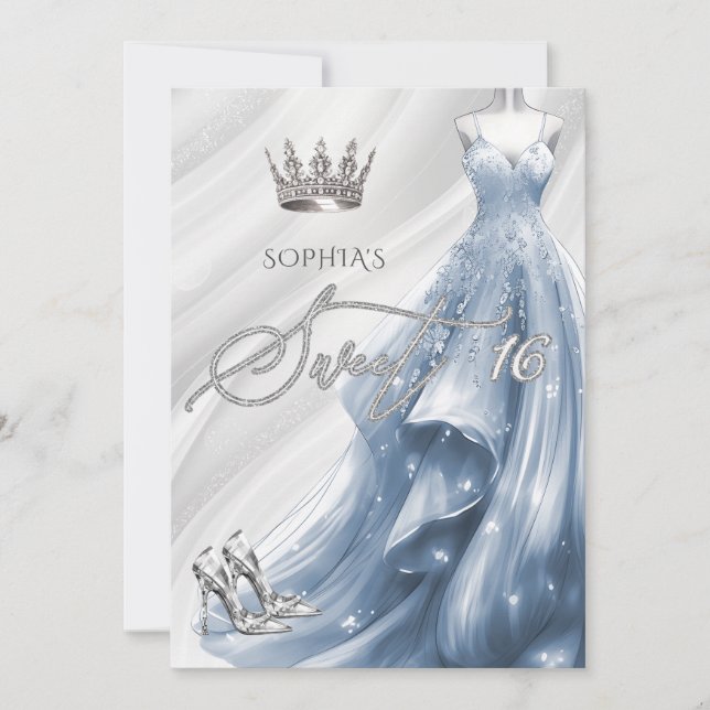 Elegant Silver Dusty Blue Sparkle Dress Sweet 16 Invitation (Front)
