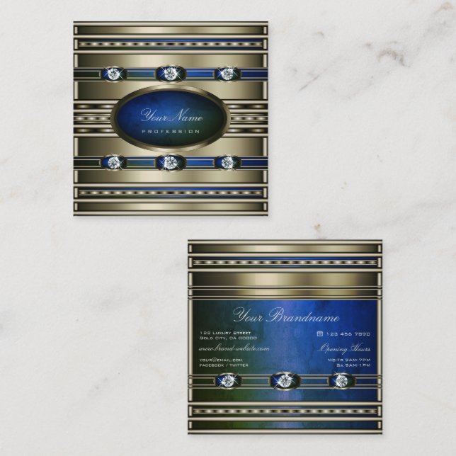 Elegant Silver Effect Blue and Green Marble Patten Square Business Card (Front/Back)