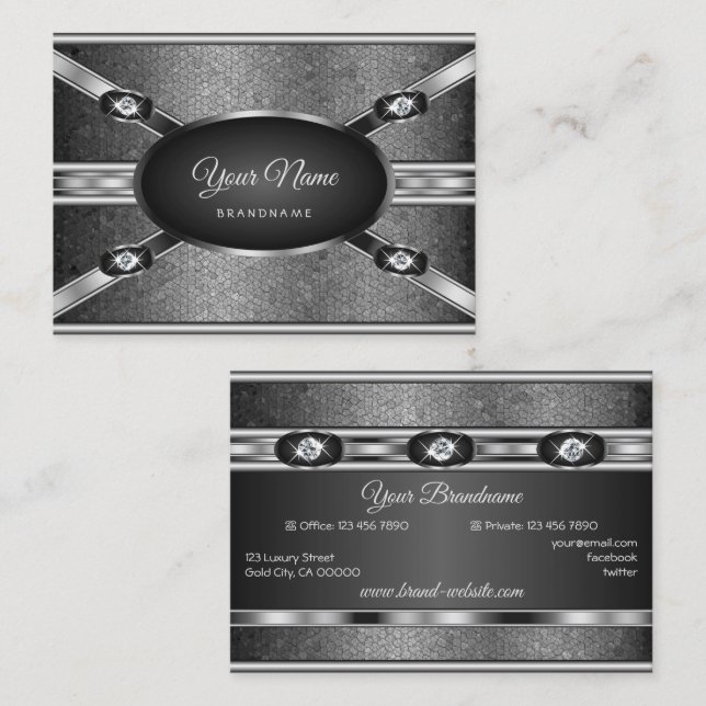 Elegant Silver Effect Pattern and Faux Rhinestones Business Card (Front/Back)
