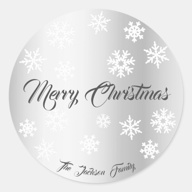 Elegant Silver Effect Snowflakes Custom Name Xmas Classic Round Sticker (Front)