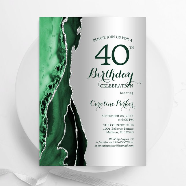 Elegant Silver Emerald Green Agate 40th Birthday Invitation (Creator Uploaded)