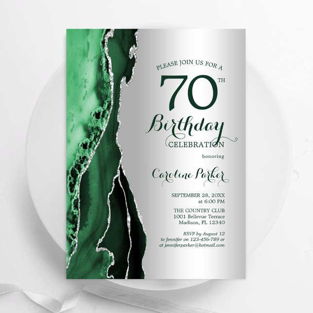Elegant Silver Emerald Green Agate 70th Birthday Invitation (Creator Uploaded)