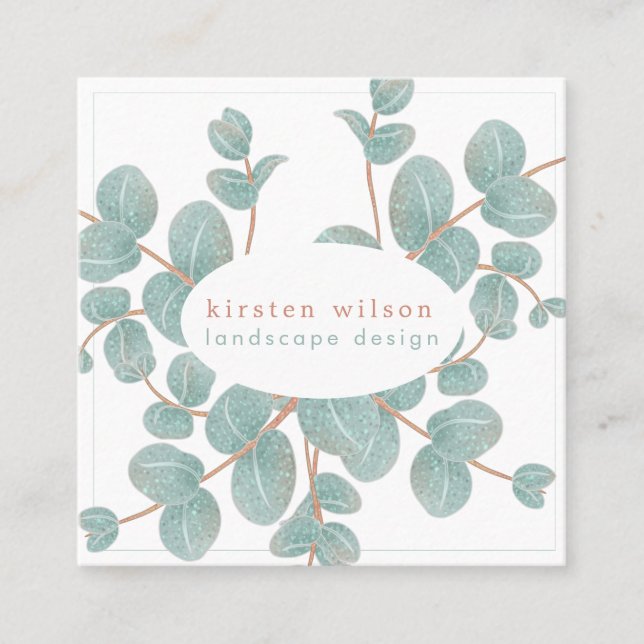 Elegant Silver Eucalyptus Branch - Personalised Square Business Card (Front)